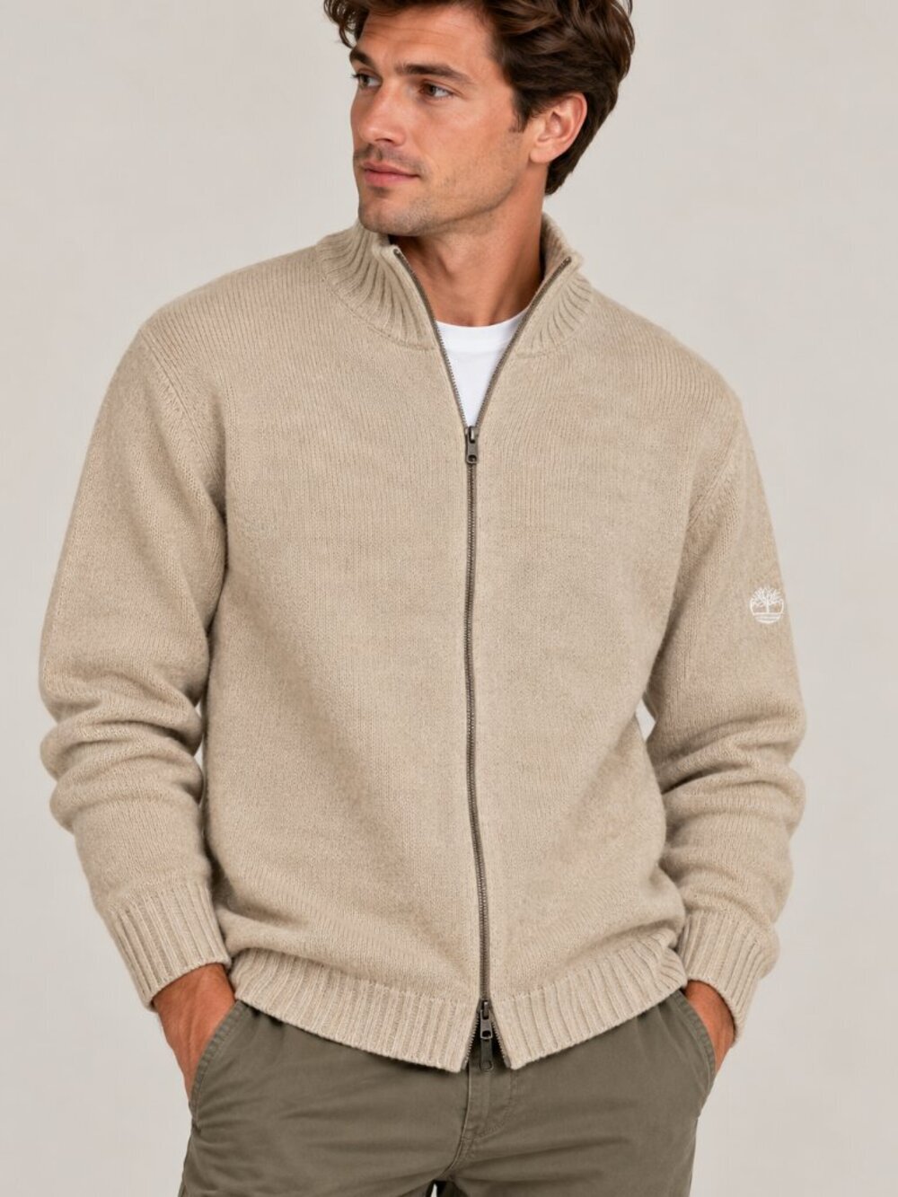 Timberland Men's Lambswool Wool Blend Full Zip Knit Sweater Beige Large